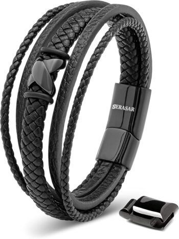 SERASAR Bransoletka Mężczyźni 20cm Czarny Skórzana - Elegancka Biżuteria