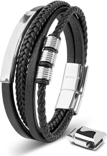 SERASAR Męska Bransoletka 20cm Srebrna Skórzana Biżuteria Pleciona